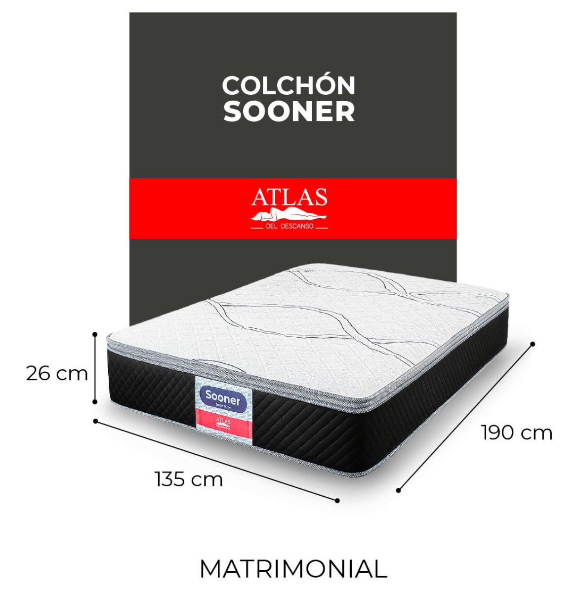 Colchón Matrimonial Atlas Sooner + 2 Almohadas Spring Air Color Negro