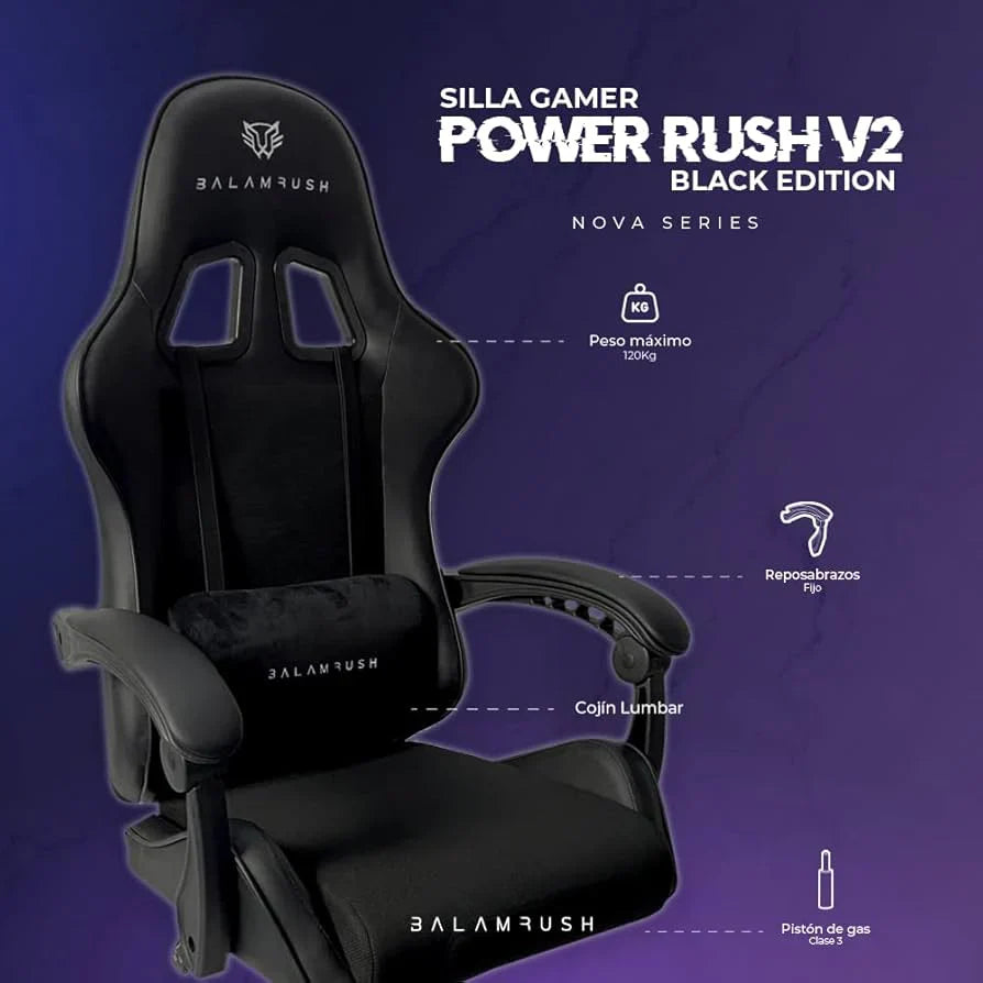Balam Rush Silla Gamer Power Rush V2 Black Edition Mediana Tela y Piel Reclinable Negro