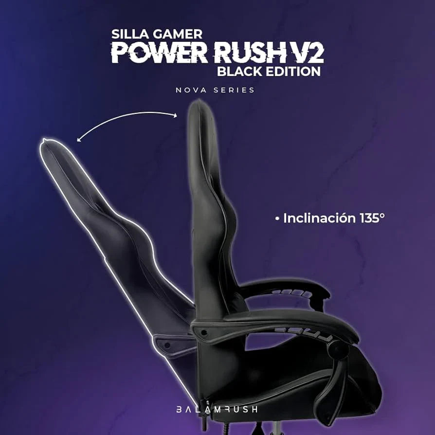 Balam Rush Silla Gamer Power Rush V2 Black Edition Mediana Tela y Piel Reclinable Negro