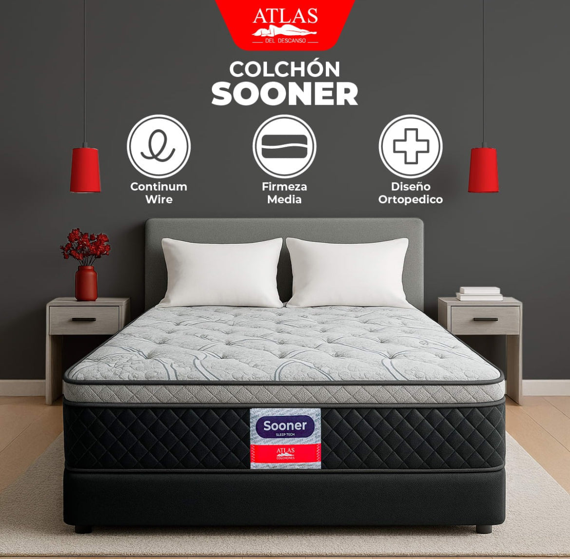 Colchón Matrimonial Atlas Sooner + 2 Almohadas Spring Air Color Negro