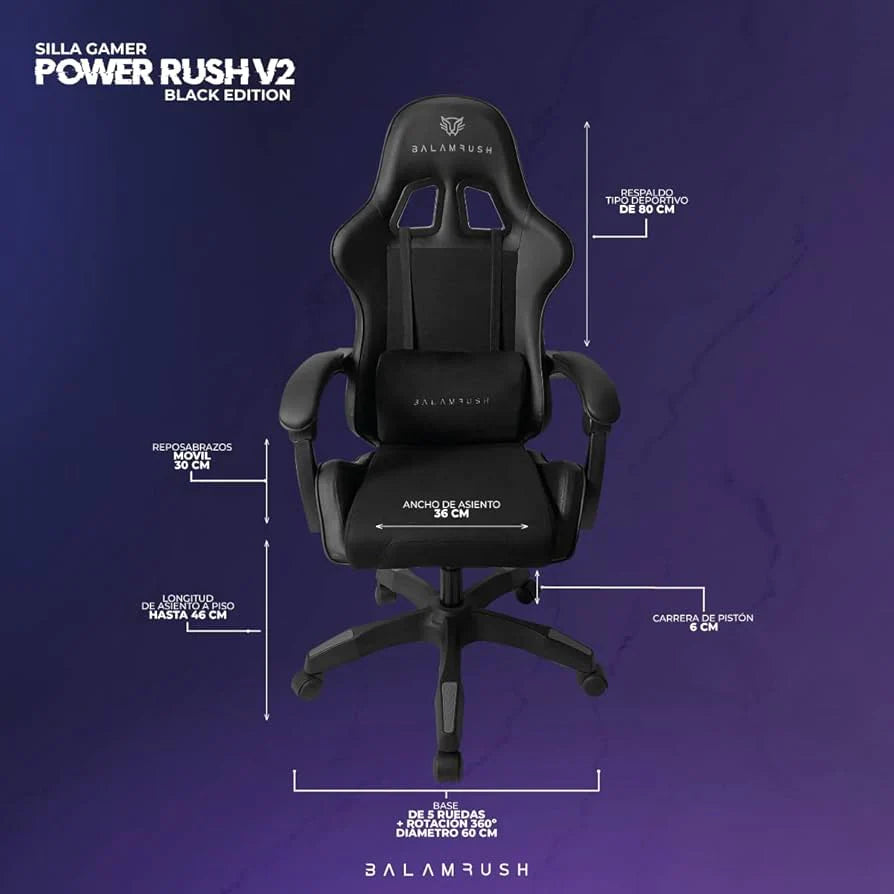 Balam Rush Silla Gamer Power Rush V2 Black Edition Mediana Tela y Piel Reclinable Negro