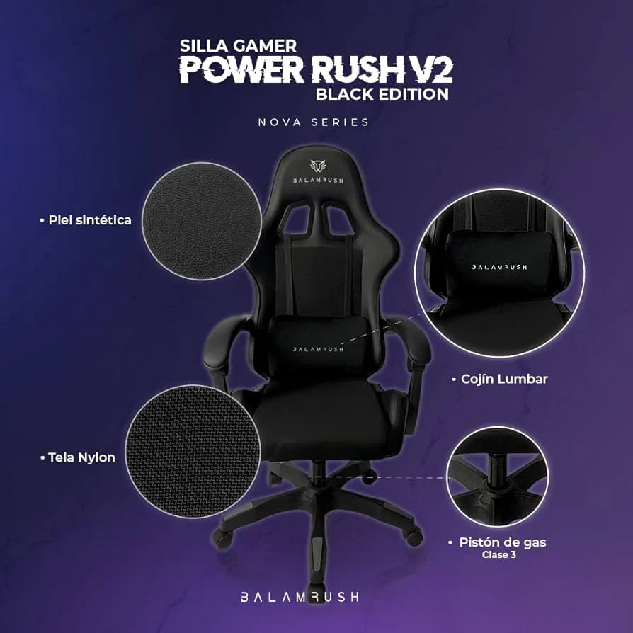 Balam Rush Silla Gamer Power Rush V2 Black Edition Mediana Tela y Piel Reclinable Negro